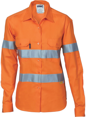 Picture of DNC Workwear-3785-Ladies HiVis Cool-Breeze Cotton Shirt with 3M Reflective Tape - Long sleeve