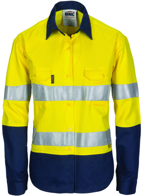 Picture of DNC Workwear-3986-Ladies HiVis Two Tone Cool-Breeze Cotton Shirt with 3M Reflective Tape - Long sleeve