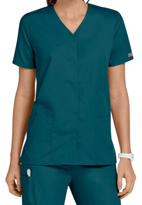 Picture of Cherokee Scrubs-CH-4770-CLR-Women's Short Sleeve Snap Scrub Top - Caribbean Blue,Grey