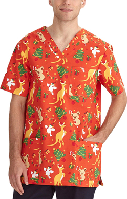 Picture of Bizcare Mens Christmas V-Neck Short Sleeve Scrub Top - Australia Orange (CST346MS - AO)